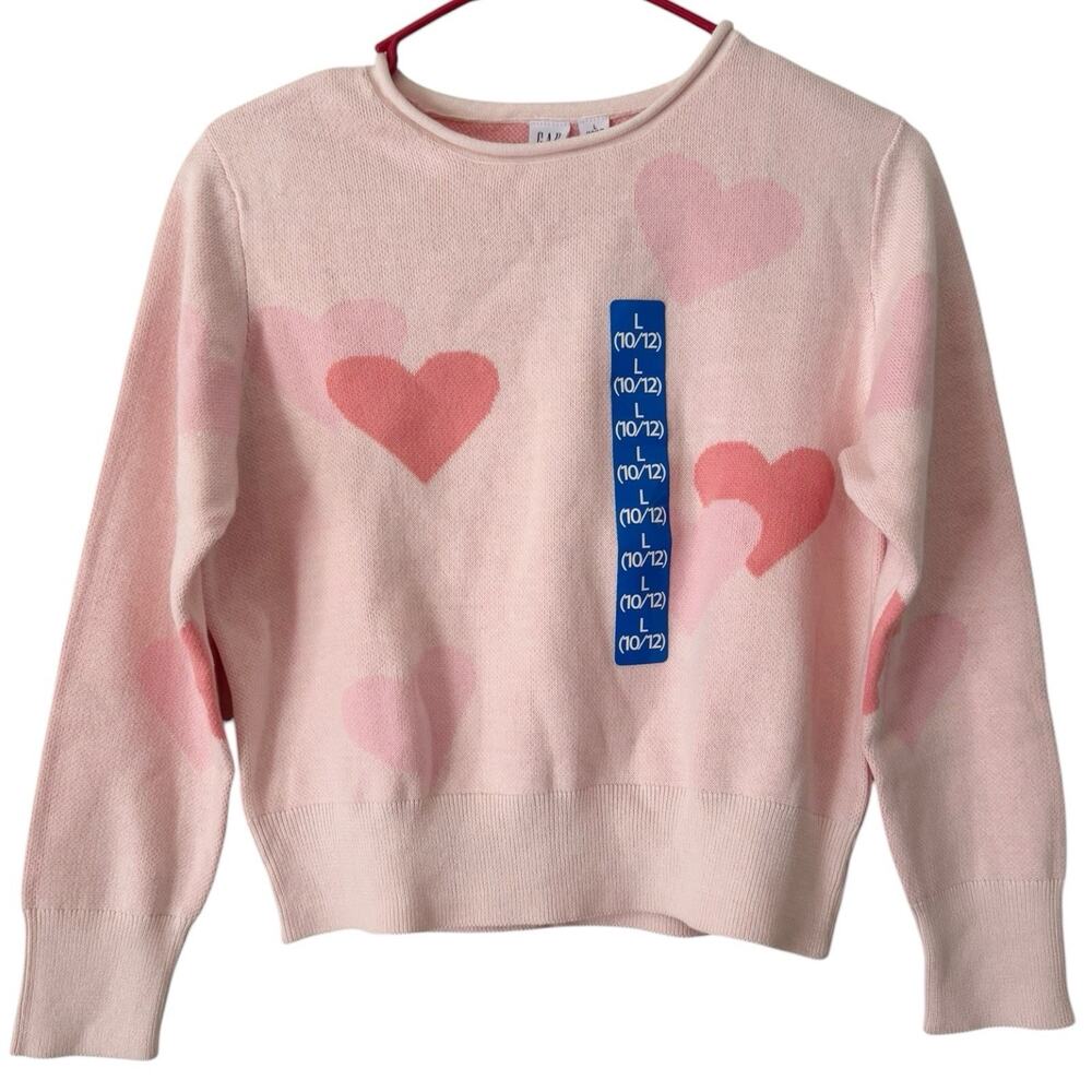 NWT Gap Kids Pink Hearts Rolled Neck Knit Sweater Girls Size Large 10/12 - Picture 1 of 5